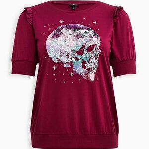 Torrid 4X Lightweight French Terry Ruffle Short Sleeve Sweatshirt Skull Print